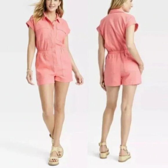 NWT Short Sleeve Linen Romper Coral Pink Women's 0 XS Shorts Universal Thread - Picture 1 of 11